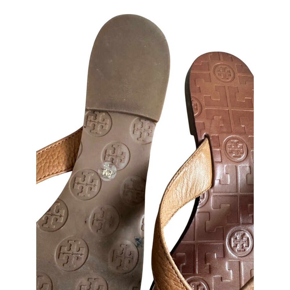 TORY BURCH Tan Gold Leather Strap Flip Flop Sandals Size 8 - Picture 6 of 10